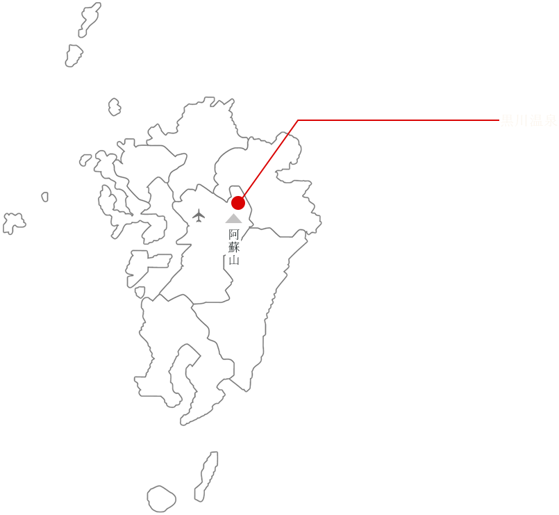 黒川温泉は熊本県の阿蘇山より少し北に位置します。