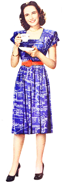 青いワンピースのコーヒーを持った女性