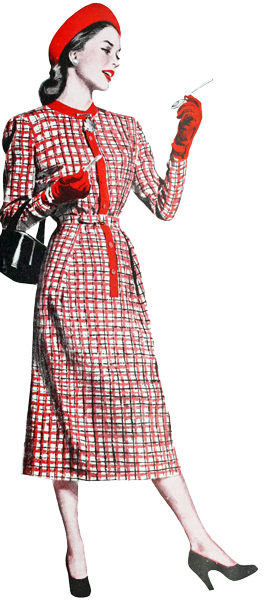 赤いチェックのワンピースを着た女性